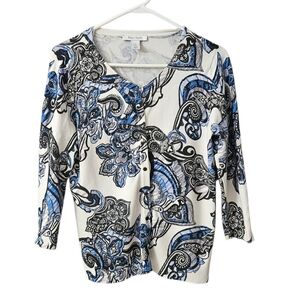 White House Black Market White Black Blue Paisley Cardigan Sweater